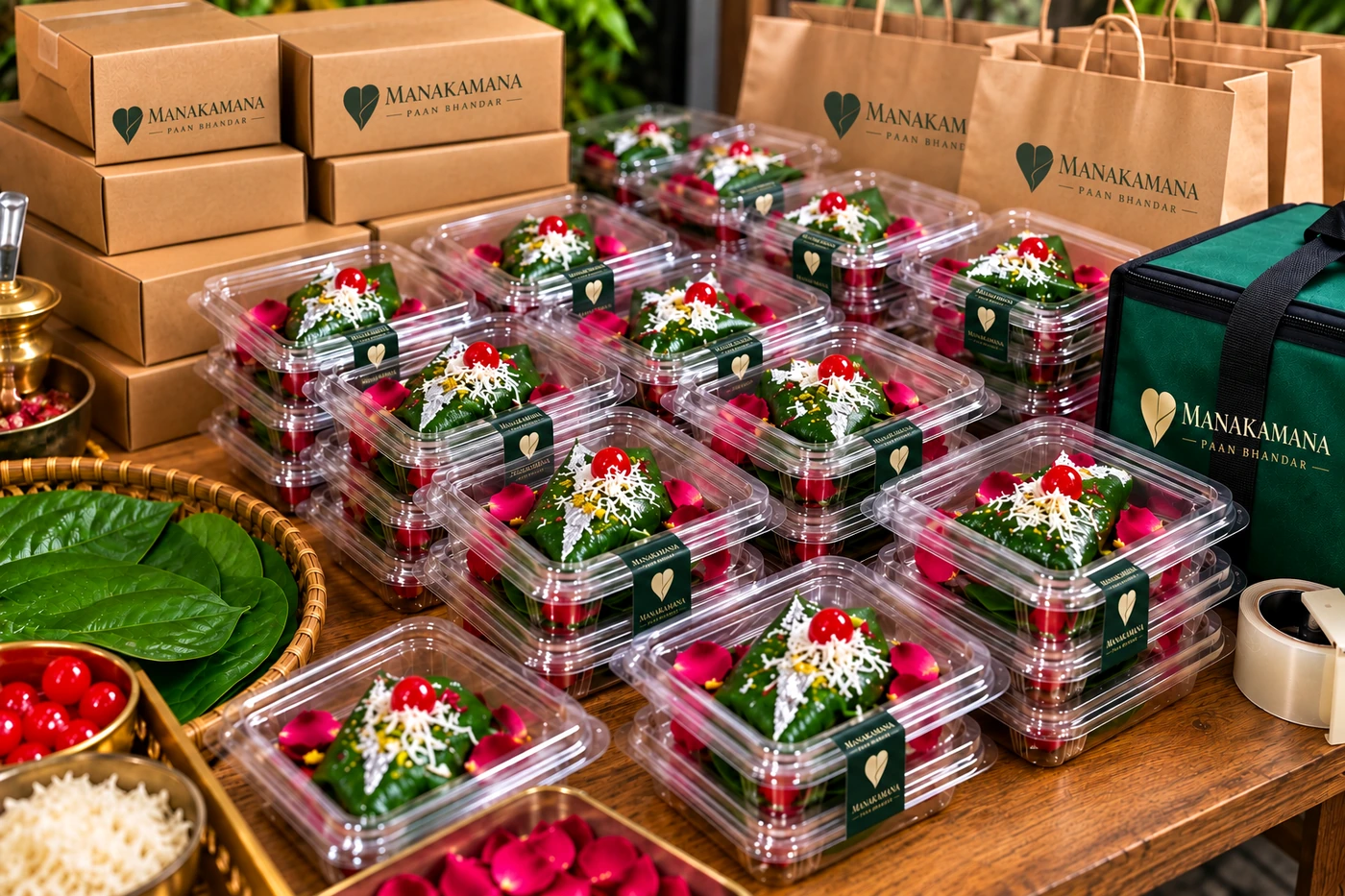 Bulk paan order packed safely for pickup or delivery by Manakamana Paan Bhandar