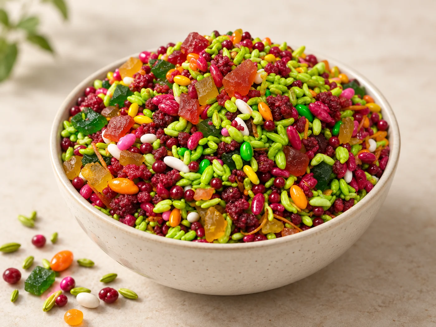 Colorful mukhwas mouth freshener used as a paan finishing ingredient at Manakamana Paan Bhandar in Koteshwor