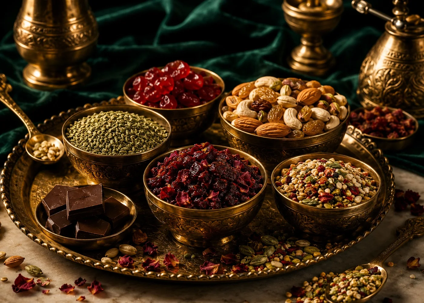 Finishing ingredients for custom paan arranged in elegant brass bowls