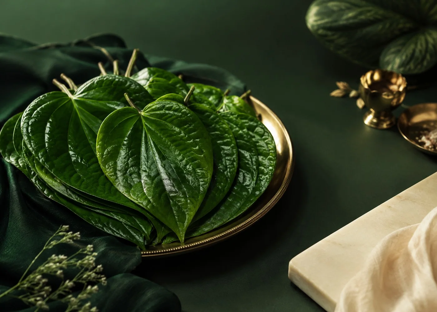 Fresh betel leaves and paan ingredients prepared for custom paan