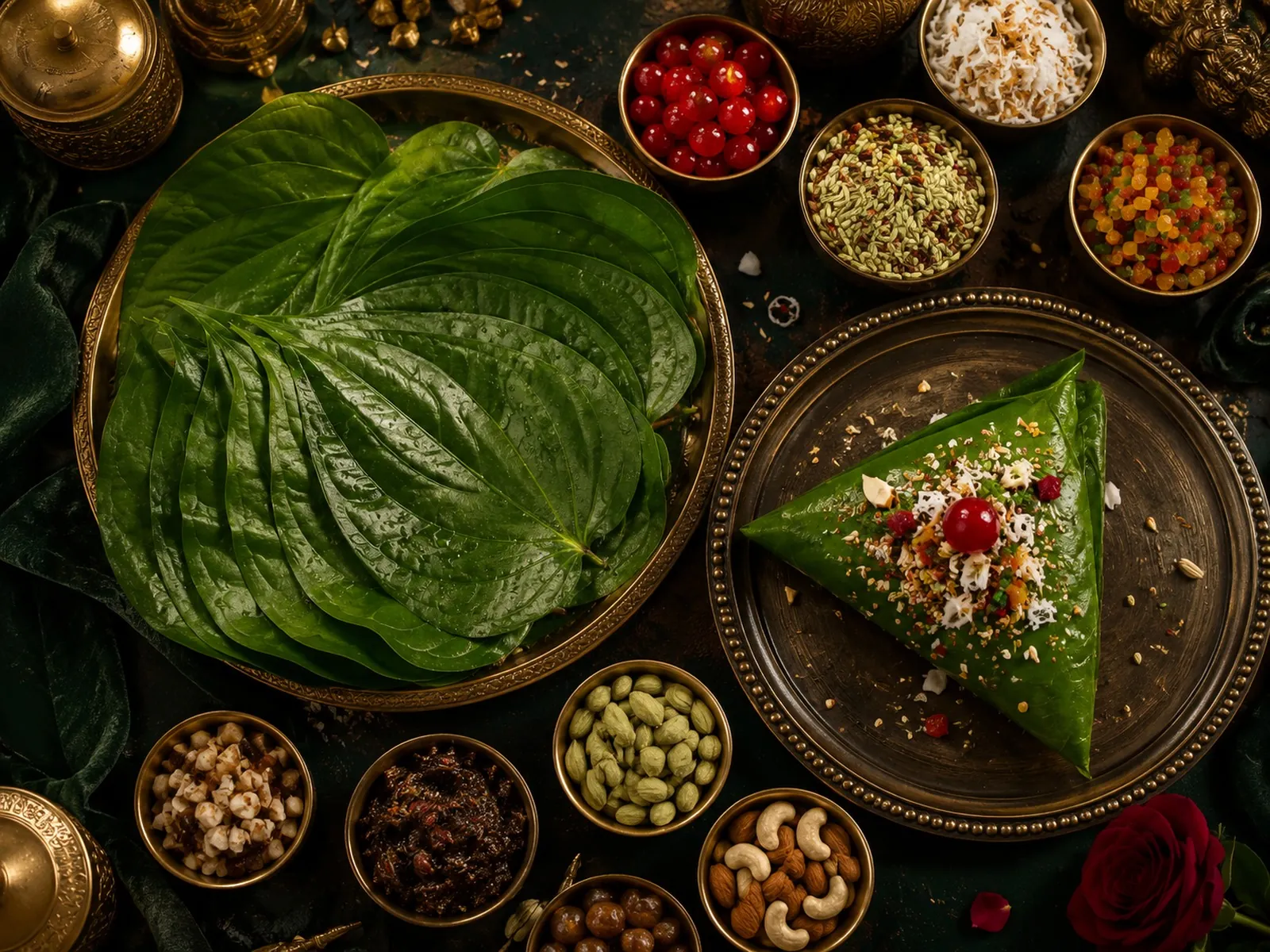 Fresh paan leaf and ingredients prepared at Manakamana Paan Bhandar