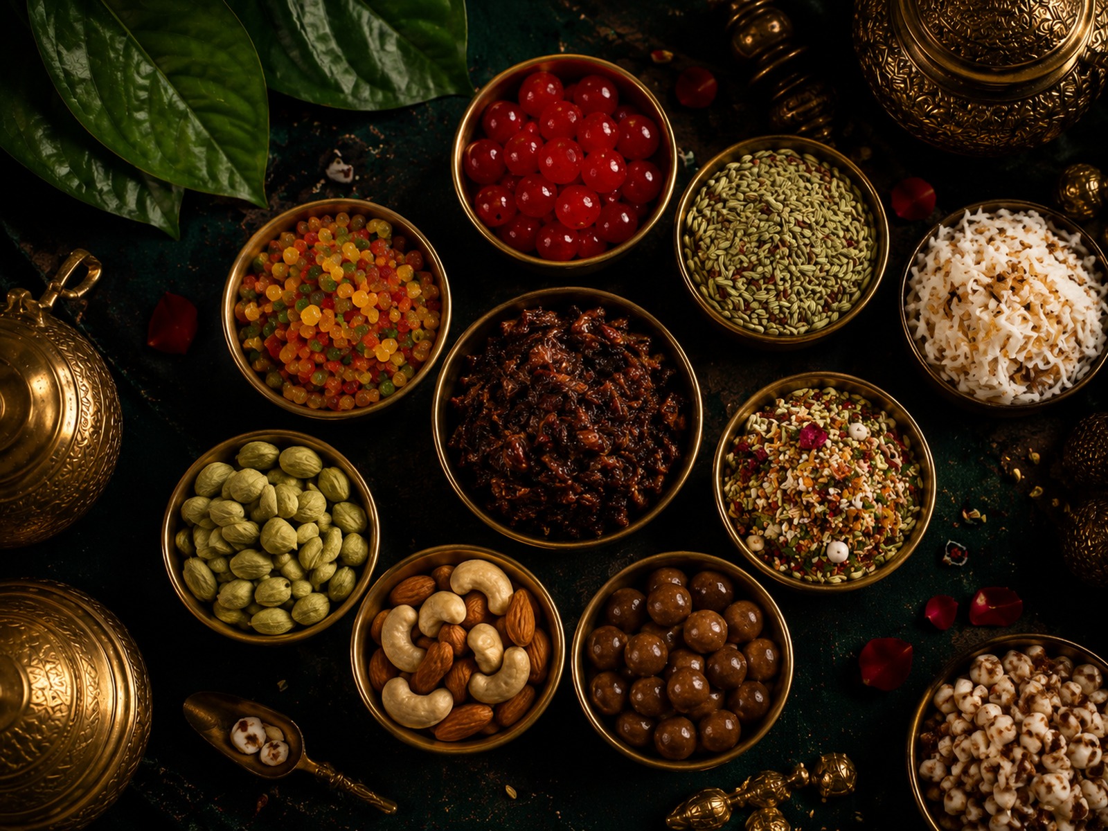 Meetha pan ingredients arranged in elegant brass bowls with premium lighting