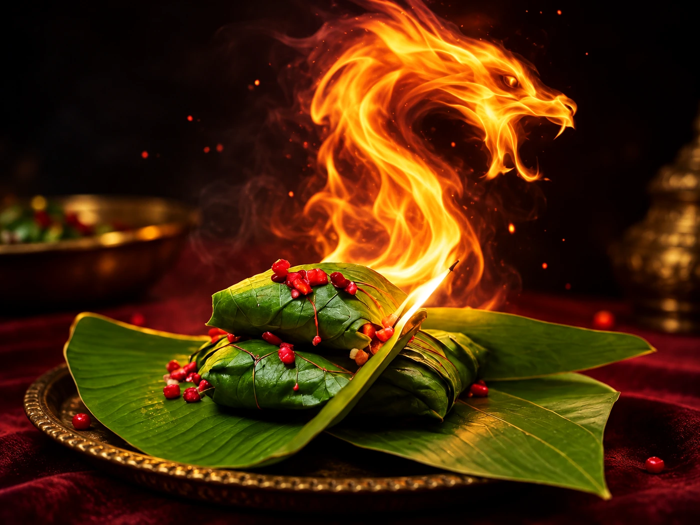 Fire Paan with the signature dragon-shaped flame at Manakamana Paan Bhandar