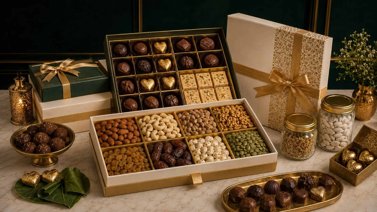 Festival and occasion gift packs with dry fruits chocolates and mouth fresheners