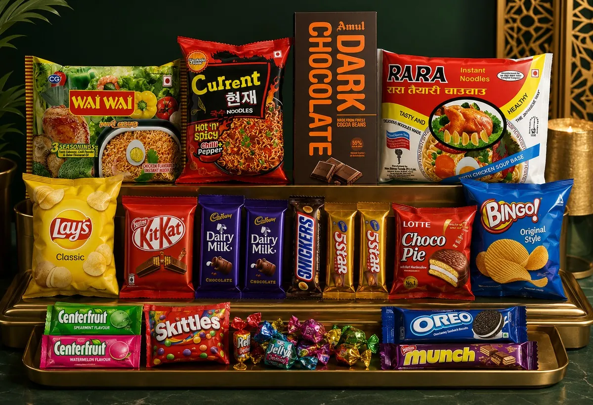 Snacks biscuits candies and chocolates available at Manakamana Paan Bhandar